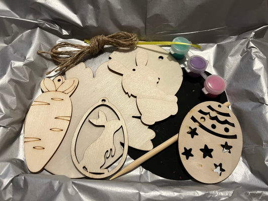 Easter craft kit with five wooden paint your own decorations and one scratch art egg. #4