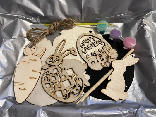 Easter craft kit with five wooden paint your own decorations and one scratch art egg. #2