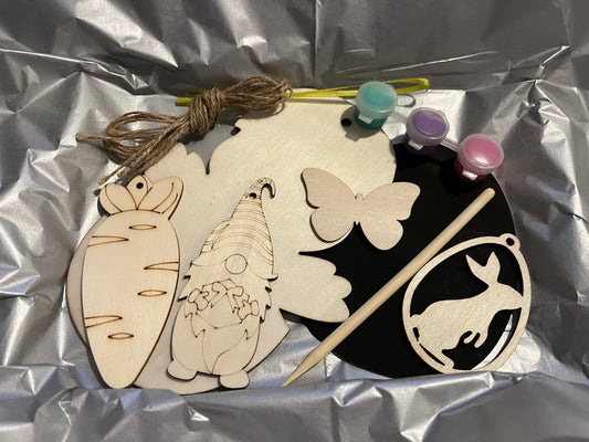 Easter craft kit with five wooden paint your own decorations and one scratch art egg. #1