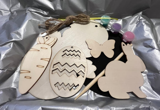 Easter craft kit with five wooden paint your own decorations and one scratch art egg. #9